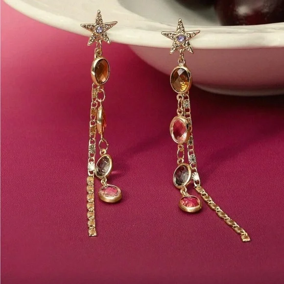 Gold Star Drop Earrings with Multi-Colored Stones R360 - Picture 3 of 4